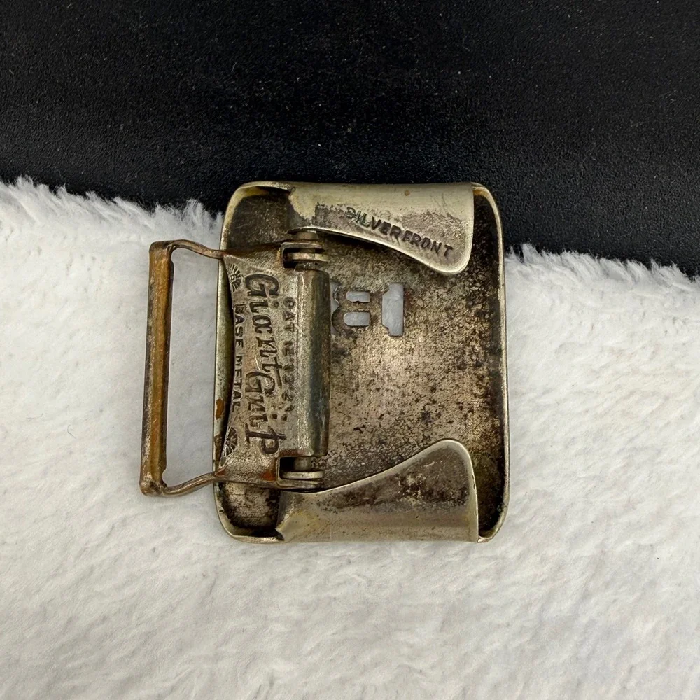 Vintage Giant Grip Belt Buckle Silver Front Art Deco B Greek Key Mens 1.5